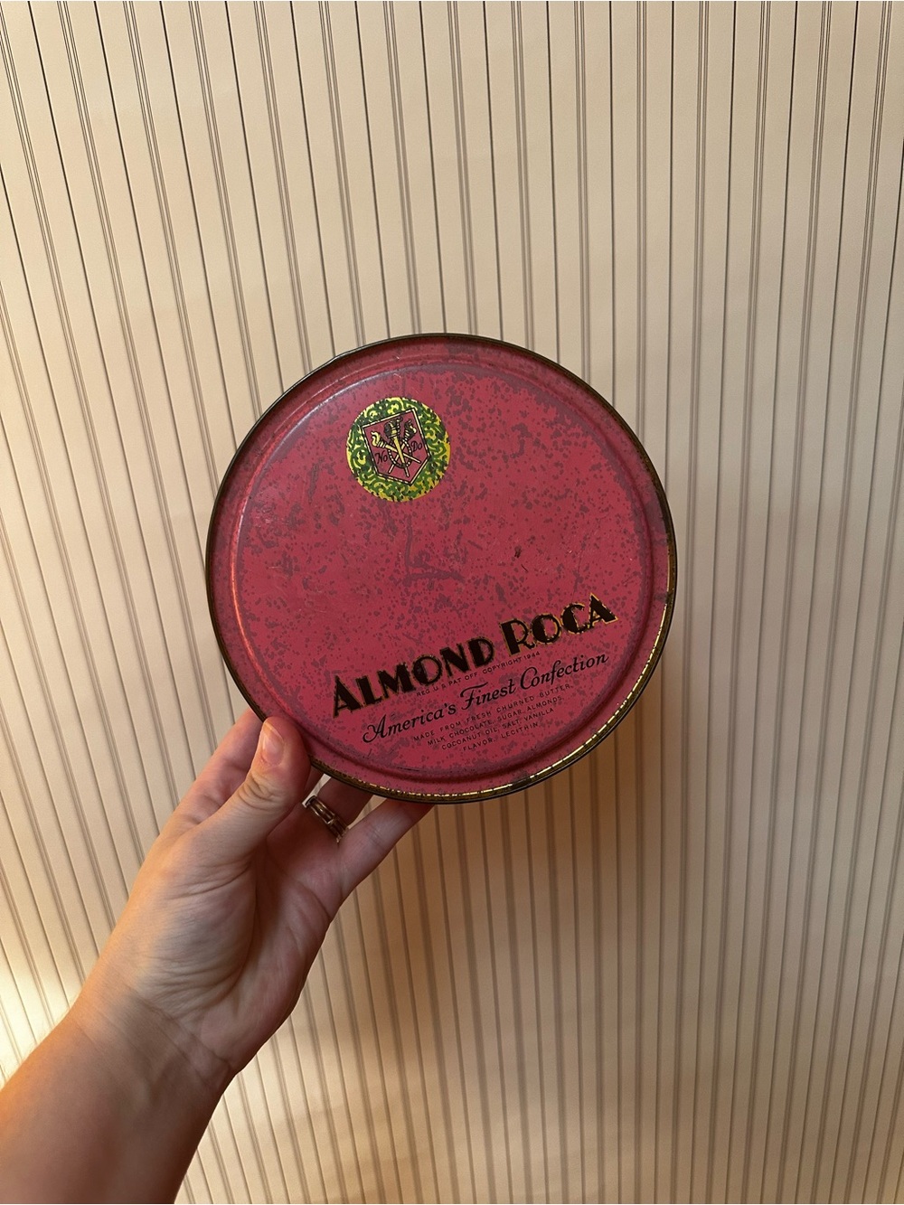 Vintage 1940’s Mid-Century Almond Roca Pink Metal Tin